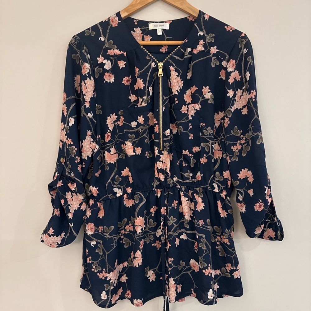 Stella Tweed Navy Floral Zip Front Tunic Top small - Picture 3 of 7